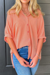 Corded Half Sleeve Button Up High Low Shirt Orange OutfitFlow