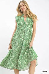 Umgee Leaf Print Tiered Midi Dress with Ruffle Detail GREEN OutfitFlow