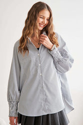 ADORA High-Low Striped Button Down Smocked Lantern Sleeve Shirt Gray OutfitFlow