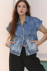 Button Up Cap Sleeve Denim Jacket Medium OutfitFlow