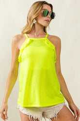 BiBi French Terry Knit Ruffled Detail Sleeveless Top NEON YELLOW OutfitFlow
