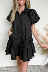Button Down Puff Sleeve Ruffle Hem Dress Black OutfitFlow