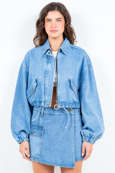 American Bazi Drawstring Waist Crop Denim Jacket Blue OutfitFlow