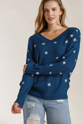 Umgee Full Size Star V-Neck Long Sleeve Sweater Plus Size Navy OutfitFlow