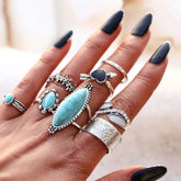Turquoise Alloy 8-Piece Ring Set Silver One Size OutfitFlow