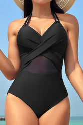Crisscross Halter Neck One-Piece Swimwear Black OutfitFlow