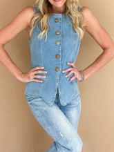 Sleeveless Button-Front Denim Vest Light Blue OutfitFlow