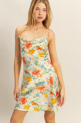 HYFVE Floral Cowl Neck Flirty Satin Mini Dress APPLE GREEN OutfitFlow