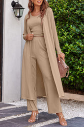 Drawstring Tank, Long Sleeve Cover Up and Pants Set Tan OutfitFlow