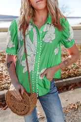 Floral Ric Rac Edge Puff Sleeve Button Up Summer Shirt Green OutfitFlow