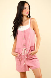VERY J Half Button Drawstring Sleeveless Romper Blush OutfitFlow