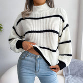 Striped Mock Neck Dropped Shoulder Sweater Light Gray OutfitFlow