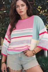 Contrast Round Neck Three-Quarter Sleeve Knit Top Pink OutfitFlow