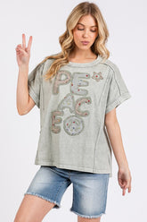 Mittoshop PEACE Round Neck Short Sleeve T-Shirt Light Gray OutfitFlow