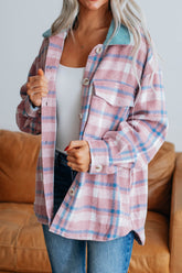 Plaid Collared Neck Flap Pockets Shacket Dusty Pink OutfitFlow