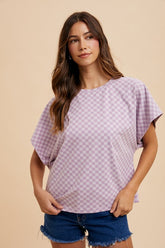 Annie Wear Checkered Round Neck Short Sleeve T-Shirt Lavender OutfitFlow