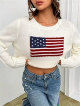US Flag Round Neck Long Sleeve Sweater White OutfitFlow