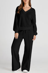 V-Neck Long Sleeve Top and Pants Active Set Black OutfitFlow