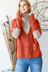 Heimish Full Size Long Sleeve V Neck Button Down Cardigan Orange-Red OutfitFlow