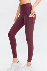 Wide Waistband Slim Fit Long Sports Pants with Pocket Wine OutfitFlow