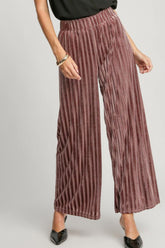 Umgee Full Size Elastic Waist Striped Wide Leg Velvet Pants Burgundy OutfitFlow