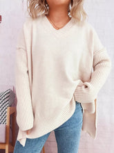 V-Neck Dropped Shoulder Sweater Ivory One Size OutfitFlow