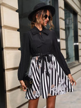 Striped Tie Front Long Sleeve Mini Dress Black OutfitFlow