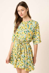 Mittoshop Floral Tie Waist Half Sleeve Mini Dress Yellow Combo OutfitFlow