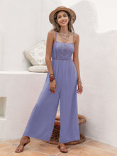 Openwork Spaghetti Strap Wide Leg Jumpsuit Lavender OutfitFlow