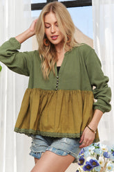 ADORA Mineral Washed Babydoll Tunic Top OLIVE OutfitFlow