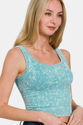 Zenana Washed Ribbed Scoop Neck Wide Strap Tank ICE BLUE OutfitFlow