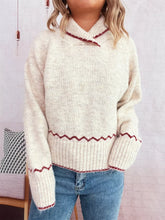 Ribbed Contrast Trim Long Sleeve Sweater Apricot One Size OutfitFlow