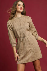 Umgee Drawstring Cable Knit Mini Dress with Pockets TAUPE OutfitFlow