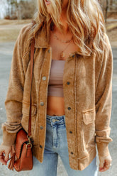 Snap Down Flap Pocket Long Sleeve Shacket Caramel OutfitFlow