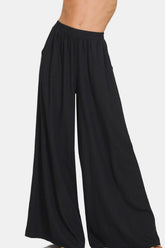Zenana Pleated Linen Blend Wide Leg Pants Black OutfitFlow