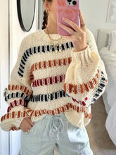 Striped Round Neck Long Sleeve Sweater Beige OutfitFlow