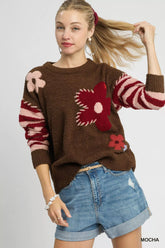 Umgee Flower Jacquard Striped Long Sleeve Sweater Mocha OutfitFlow