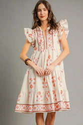 Umgee Printed Tie Neck Ruffle Cap Sleeve Dress Burnt Coral OutfitFlow