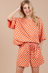 Ces Femme Checkered Round Neck Top and Shorts Set Orange OutfitFlow