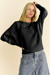 Davi & Dani Round Neck Batwing Sleeve Sweater Black OutfitFlow