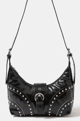 Fame Faux Leather Studded Trim Shoulder Bag Black One Size OutfitFlow