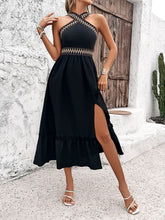 Devine Ruffled Slit Sleeveless Midi Dress Black OutfitFlow