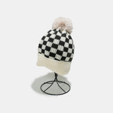 Checkered Knit Hat with Pompom Ivory One Size OutfitFlow