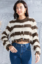 Striped Fringe Round Neck Sweater Brown OutfitFlow