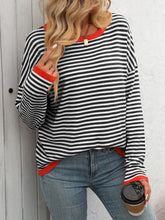 Mandy Striped Round Neck Long Sleeve Sweater Black Red OutfitFlow