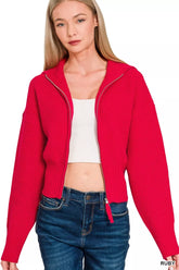Zenana Ribbed Collared Zip Up Sweater Cardigan RUBY OutfitFlow