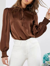 Frill Tied Lantern Sleeve Blouse Brown OutfitFlow