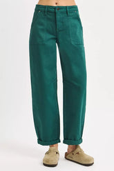 RISEN High Rise Ankle Cuffed Barrel Pants HUNTER GREEN OutfitFlow