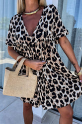 Cutout Back Leopard V-Neck Short Sleeve Mini Dress Leopard OutfitFlow