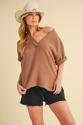 Aemi + Co Side Slit V-Neck Short Sleeve Blouse Caramel OutfitFlow